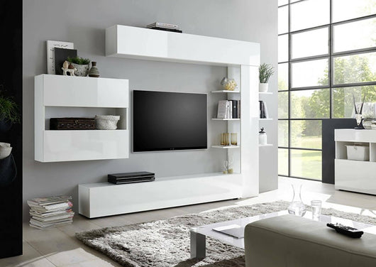 Parete attrezzata da soggiorno Aragosta, Made in Italy, Mobile porta TV, Set salotto moderno, cm 295x30h197, colore Bianco lucido e Opaco