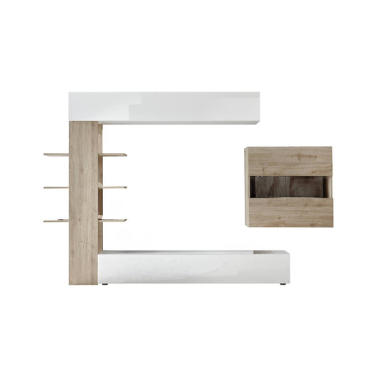 Parete attrezzata da soggiorno Aragosta, Made in Italy, Mobile porta TV, Set salotto moderno, cm 295x30h197, colore Bianco lucido e Rovere