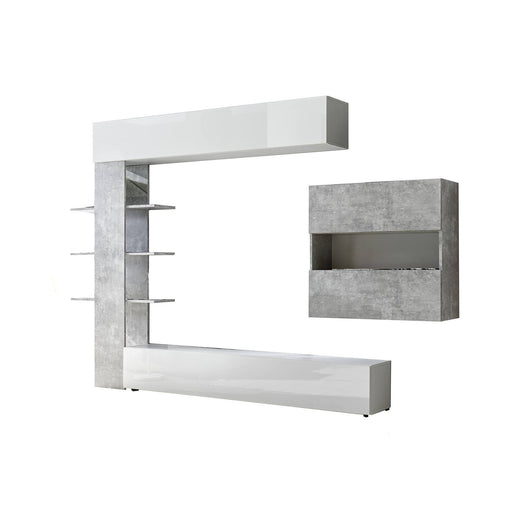 Parete attrezzata da soggiorno Aragosta, Made in Italy, Mobile porta TV, Set salotto moderno, cm 295x30h197, colore Bianco lucido e Cemento