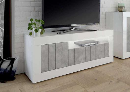 Mobile da soggiorno Porta Iole, Made in Italy, Credenza per Iole da salotto a 3 ante e ripiani, cm 138x56h42, colore Bianco lucido e cemento