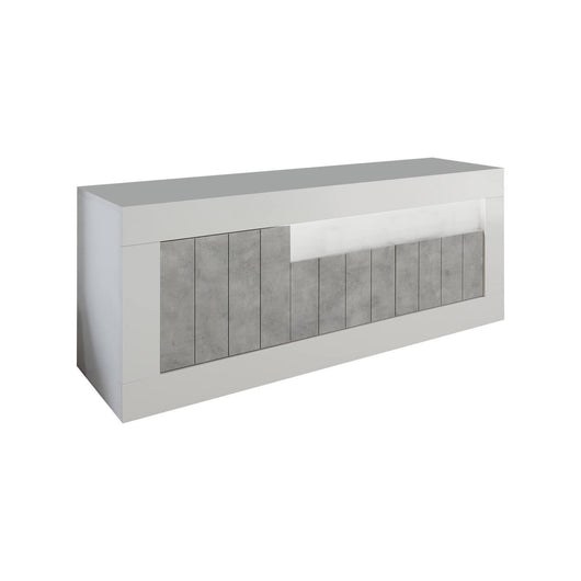 Mobile da soggiorno Porta Iole, Made in Italy, Credenza per Iole da salotto a 3 ante e ripiani, cm 138x56h42, colore Bianco lucido e cemento