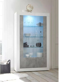 Vetrina moderna con Alabama, Made in Italy, Credenza con anta a vetro, Mobile da soggiorno, Vetrinetta, cm 110x42h190, colore Bianco lucido e Cemento