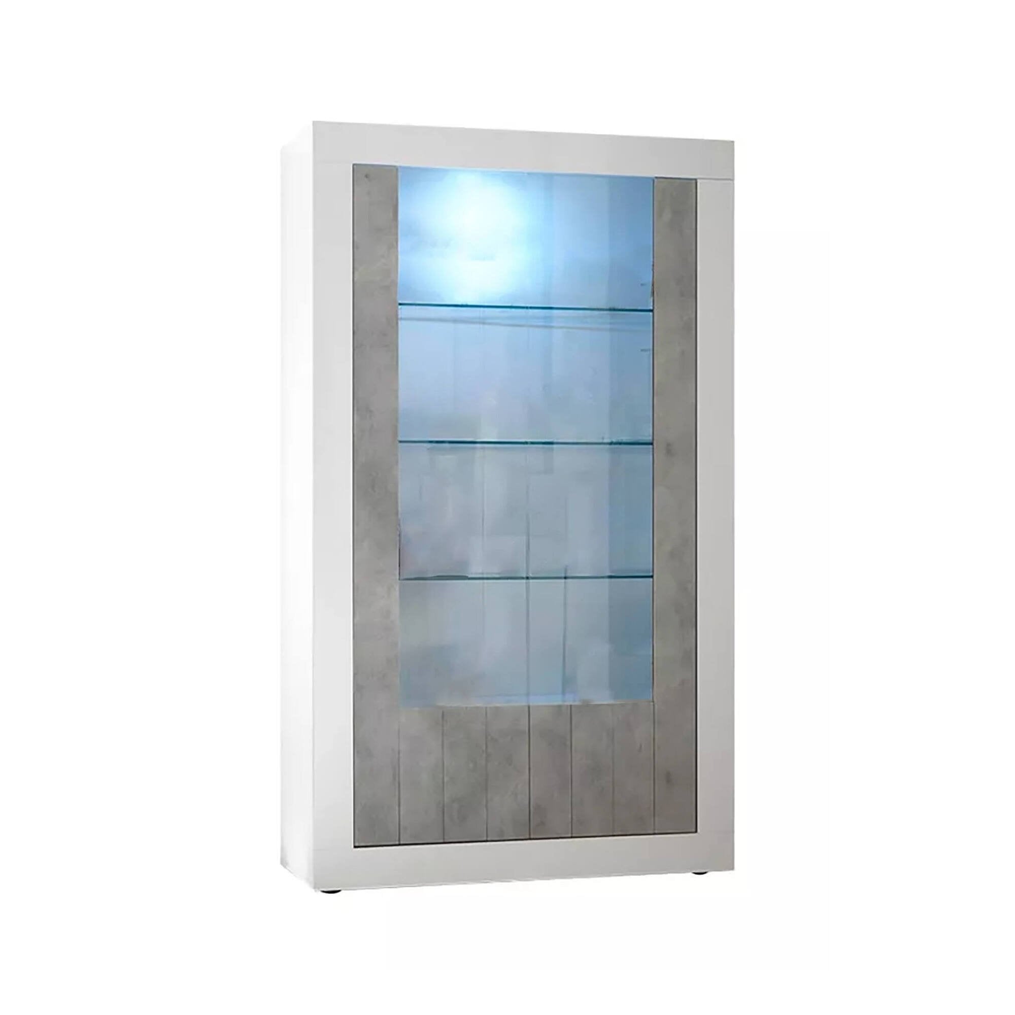 Vetrina moderna con Alabama, Made in Italy, Credenza con anta a vetro, Mobile da soggiorno, Vetrinetta, cm 110x42h190, colore Bianco lucido e Cemento