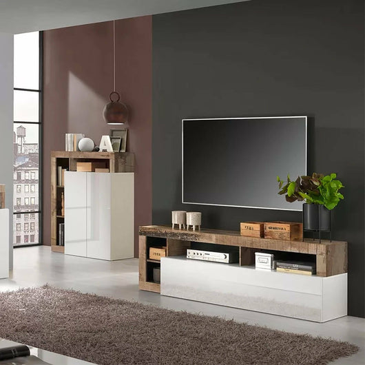 Mobile porta TV 0, Credenza moderna a ripiani, Mobile da soggiorno con rimbalta e vani a giorno, Made in Italy, Cm 184x58h42, Bianco e Pero