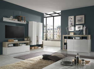 Credenza moderna a 3 ante a vani Americano, Made in Italy, Madia da cucina, Buffet di design da soggiorno, cm 146x42h93, colore Bianco lucido e Pero