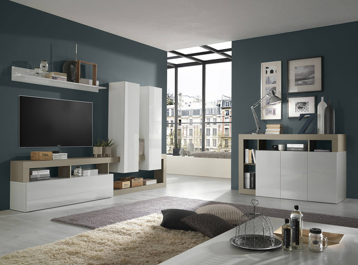 Credenza moderna a 3 ante a vani Americano, Made in Italy, Madia da cucina, Buffet di design da soggiorno, cm 146x42h93, colore Bianco lucido e Pero