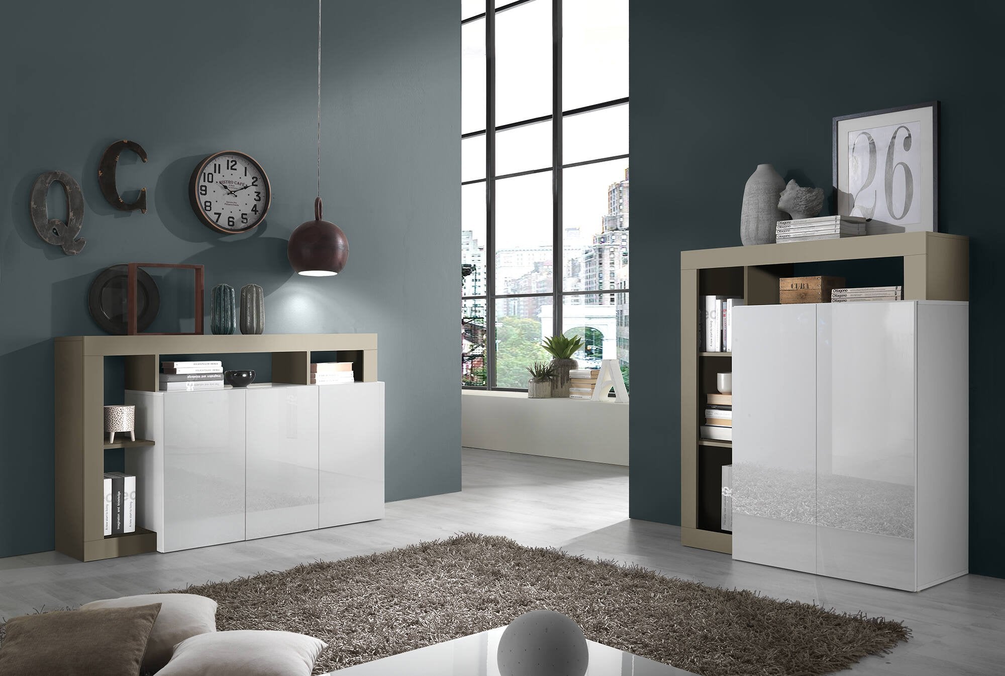 Credenza moderna a 3 ante a vani Americano, Made in Italy, Madia da cucina, Buffet di design da soggiorno, cm 146x42h93, colore Bianco lucido e Pero
