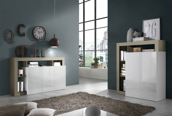 Credenza moderna a 3 ante a vani Americano, Made in Italy, Madia da cucina, Buffet di design da soggiorno, cm 146x42h93, colore Bianco lucido e Pero