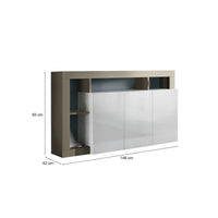 Credenza moderna a 3 ante a vani Americano, Made in Italy, Madia da cucina, Buffet di design da soggiorno, cm 146x42h93, colore Bianco lucido e Pero