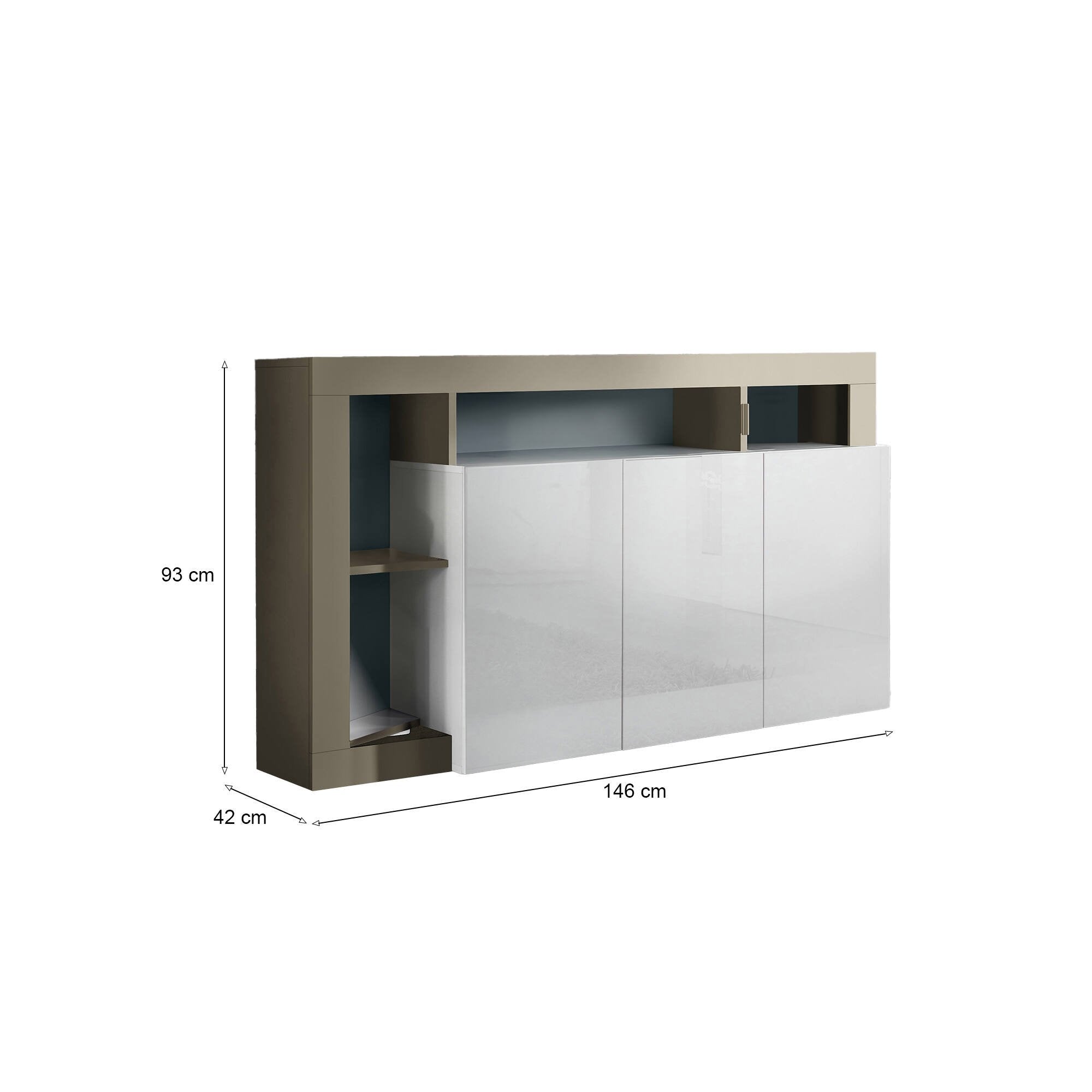 Credenza moderna a 3 ante a vani Americano, Made in Italy, Madia da cucina, Buffet di design da soggiorno, cm 146x42h93, colore Bianco lucido e Pero