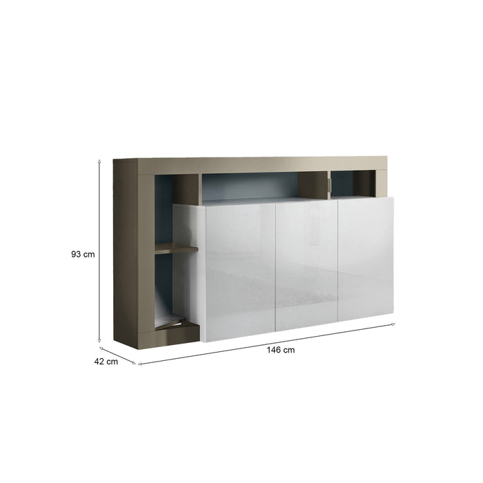 Credenza moderna a 3 ante a vani Americano, Made in Italy, Madia da cucina, Buffet di design da soggiorno, cm 146x42h93, colore Bianco lucido e Pero