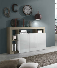 Credenza moderna a 3 ante a vani Americano, Made in Italy, Madia da cucina, Buffet di design da soggiorno, cm 146x42h93, colore Bianco lucido e Pero