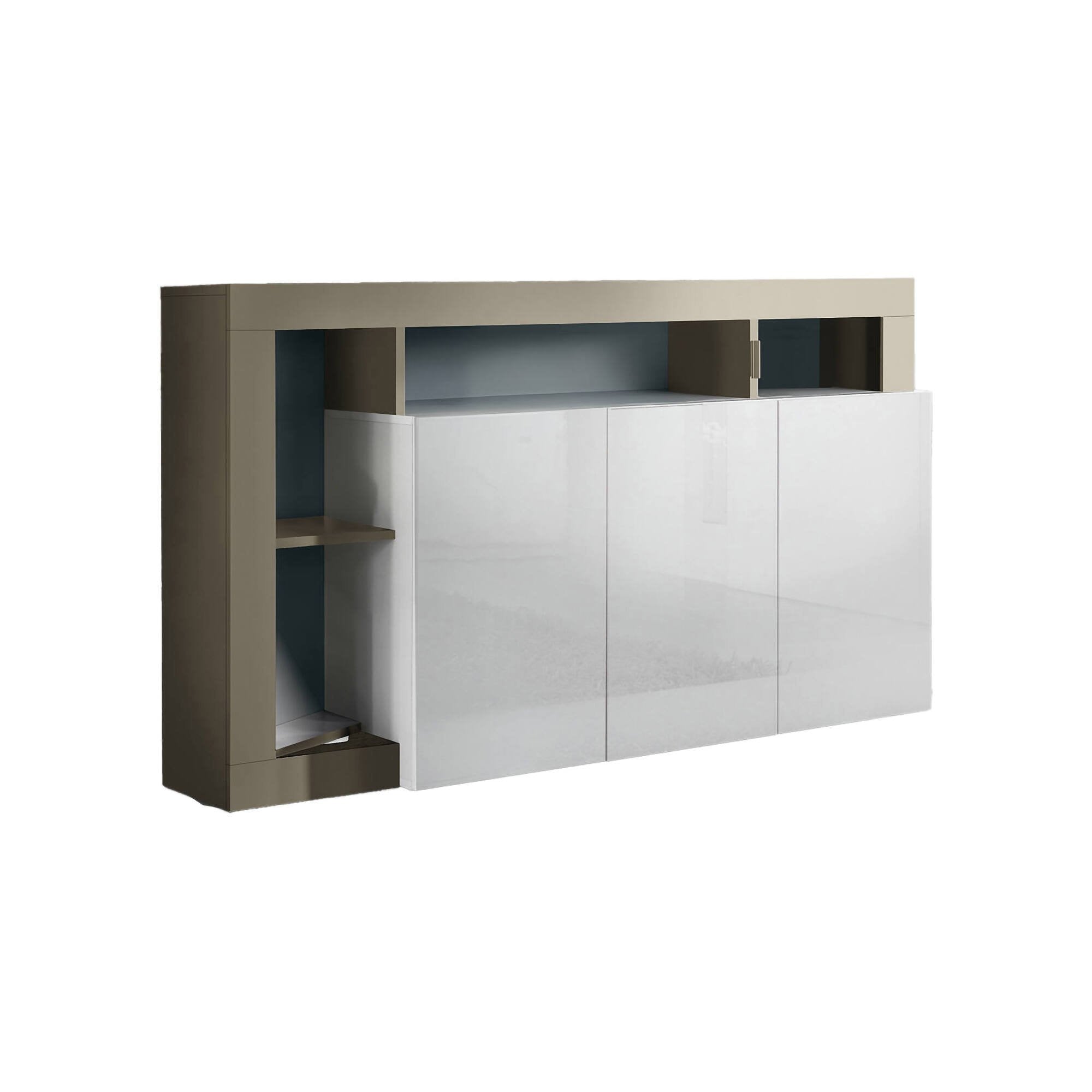 Credenza moderna a 3 ante a vani Americano, Made in Italy, Madia da cucina, Buffet di design da soggiorno, cm 146x42h93, colore Bianco lucido e Pero