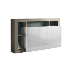 Credenza moderna a 3 ante a vani Americano, Made in Italy, Madia da cucina, Buffet di design da soggiorno, cm 146x42h93, colore Bianco lucido e Pero