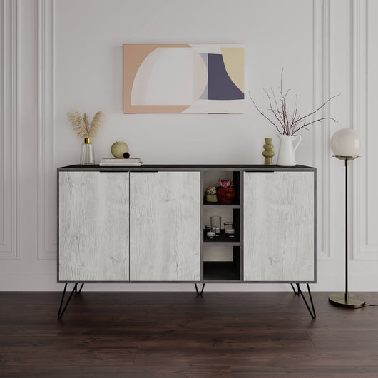 Credenza 0, Buffet moderno a 3 ante e piccoli vani a vista, Madia lineare da soggiorno con piedini, Mobile con ripiani, Cm 142x35h83, Bianco