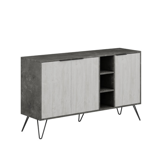 Credenza 0, Buffet moderno a 3 ante e piccoli vani a vista, Madia lineare da soggiorno con piedini, Mobile con ripiani, Cm 142x35h83, Bianco