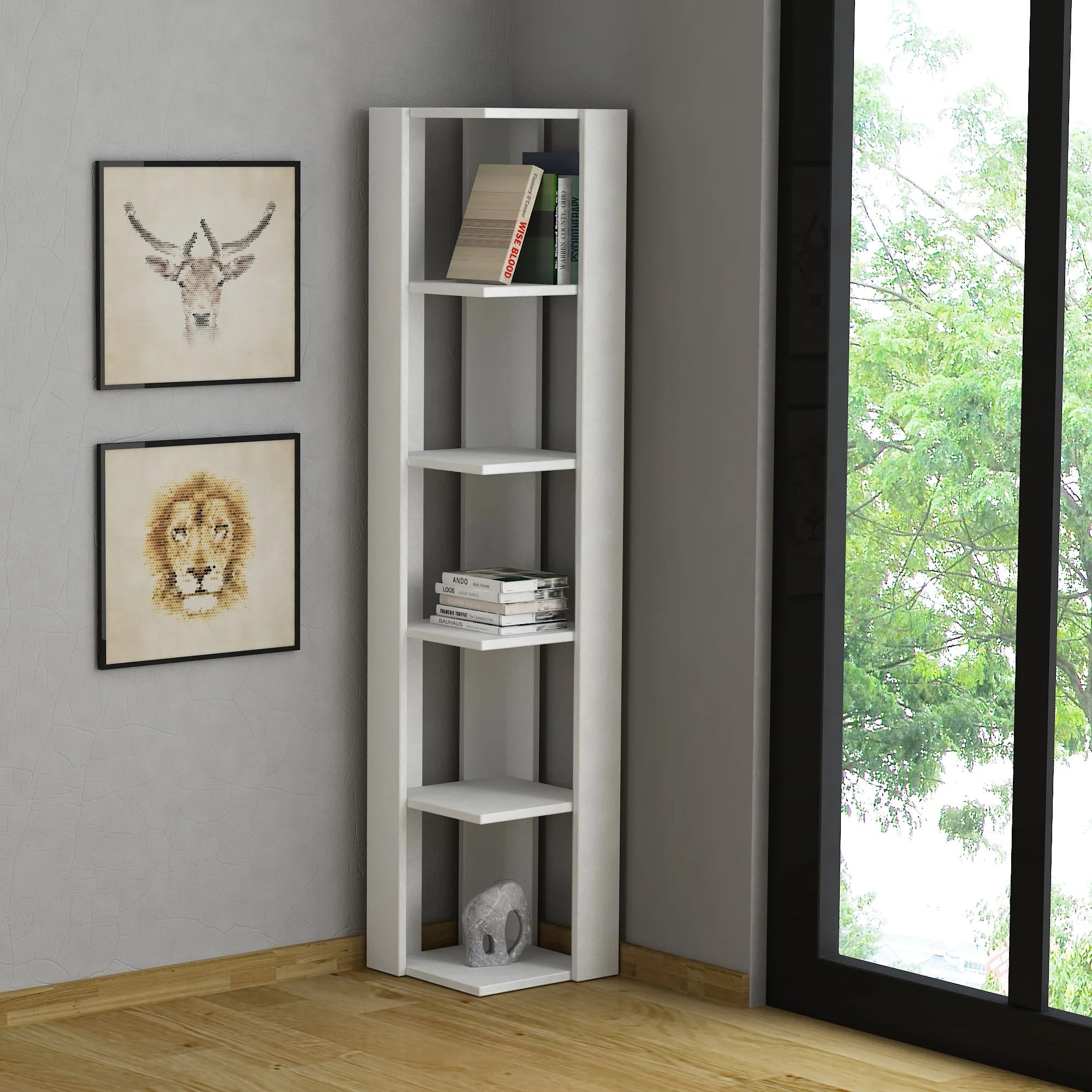 Libreria 0, Biblioteca a 5 scaffali, Scaffale da ufficio per libri, Mobile portalibri, Cm 34x34h160, Bianco