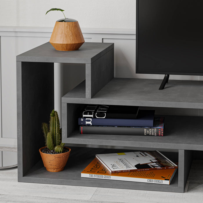 Mobile porta TV 0, Credenza moderna a ripiani, Mobile da soggiorno con vani a giorno, Cm 136x40h42, Cemento scuro