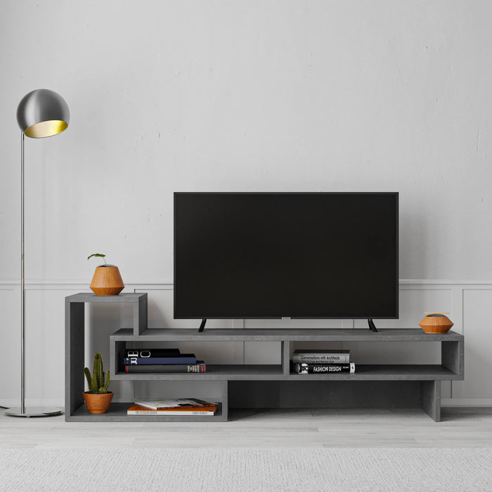 Mobile porta TV 0, Credenza moderna a ripiani, Mobile da soggiorno con vani a giorno, Cm 136x40h42, Cemento scuro