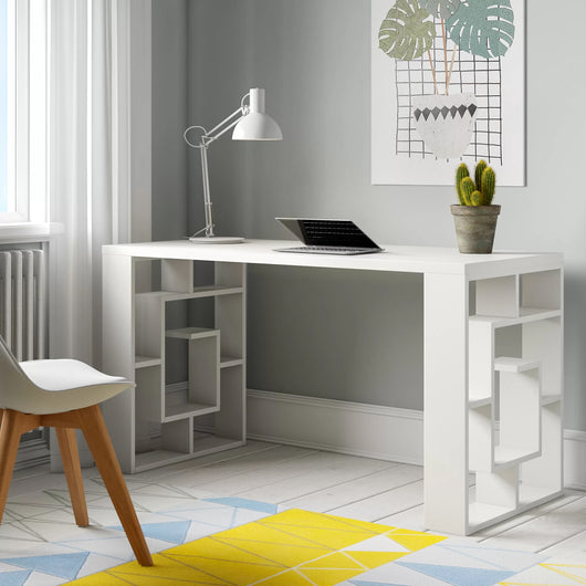 Scrivania 0, Scrittoio moderno con librerie laterali, Tavolo da studio o ufficio porta PC portalibri, Cm 140x60h75, Bianco