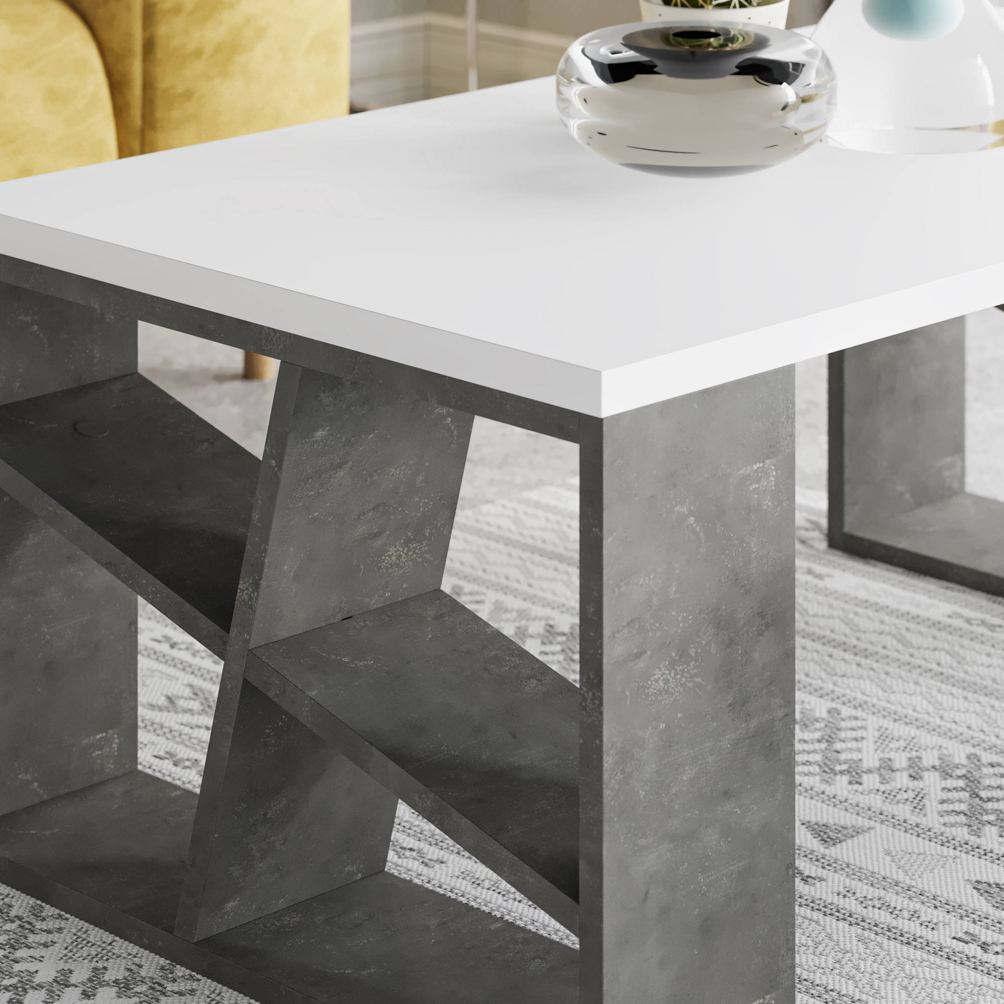 Tavolino da salotto 0, Tavolino da caffÃ¨ moderno geometrico, Tavolo basso da soggiorno, mobile portariviste, Cm 105x60h40, Bianco e Grigio