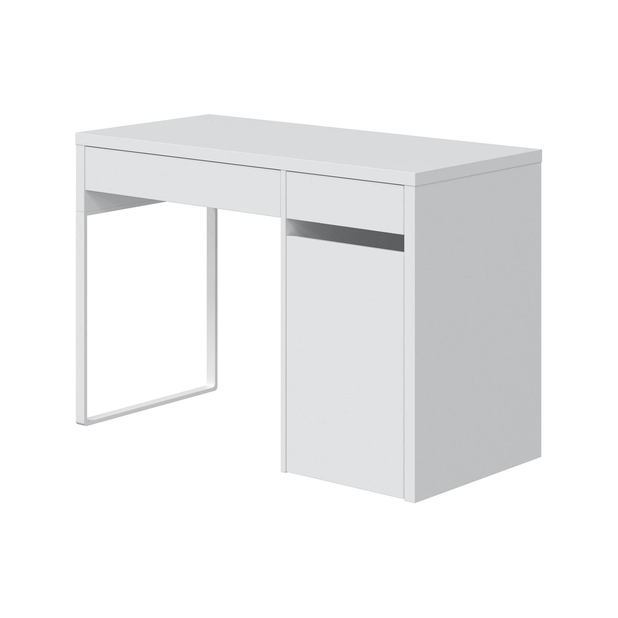 Scrivania Arica, Scrittoio reversibile con 2 cassetti e 1 anta, Tavolo da studio o ufficio porta PC,cm 108x50h75, Bianco