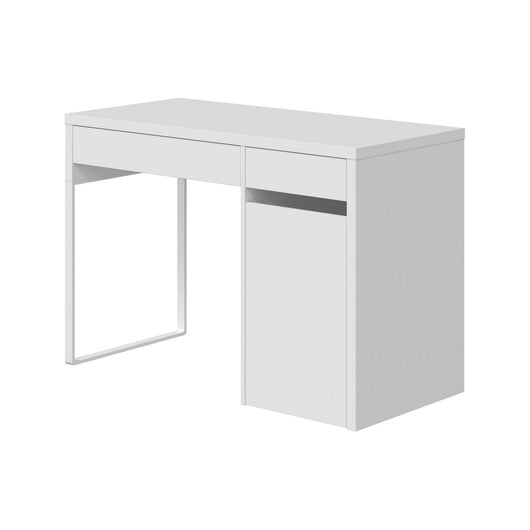 Scrivania Arica, Scrittoio reversibile con 2 cassetti e 1 anta, Tavolo da studio o ufficio porta PC,cm 108x50h75, Bianco