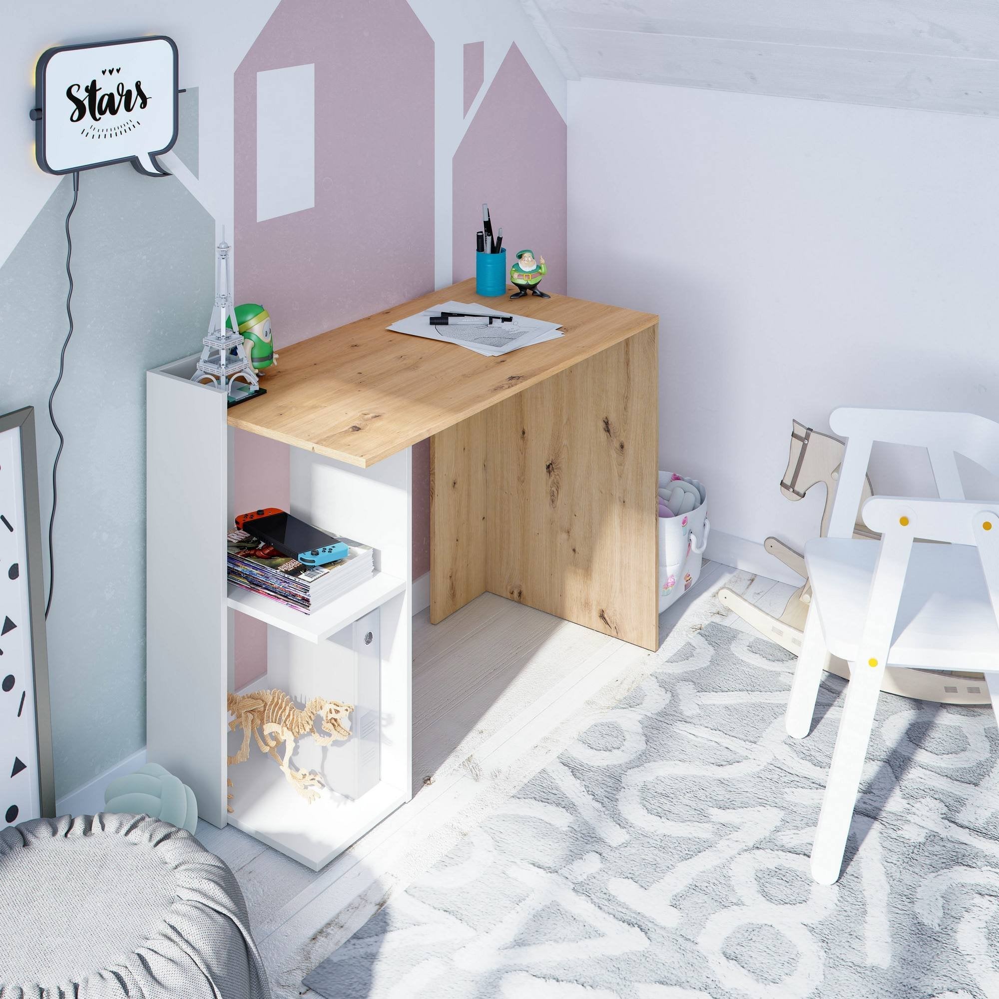 Scrivania Ablibla, Scrittoio reversibile multiposizione, Tavolo da studio o ufficio porta PC con scaffale e ripiani, cm 99x50h77, Bianco e Rovere nodi