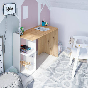 Scrivania Ablibla, Scrittoio reversibile multiposizione, Tavolo da studio o ufficio porta PC con scaffale e ripiani, cm 99x50h77, Bianco e Rovere nodi