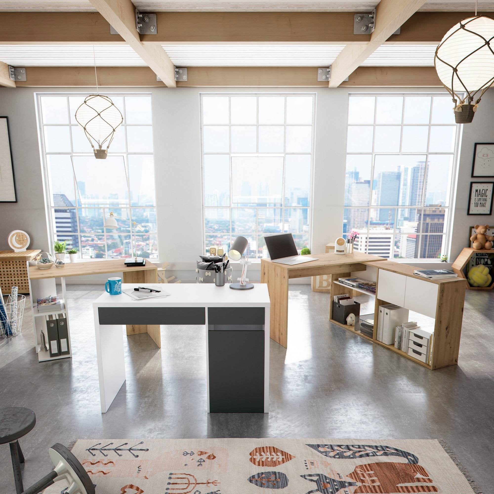 Scrivania Ablibla, Scrittoio reversibile multiposizione, Tavolo da studio o ufficio porta PC con scaffale e ripiani, cm 99x50h77, Bianco e Rovere nodi