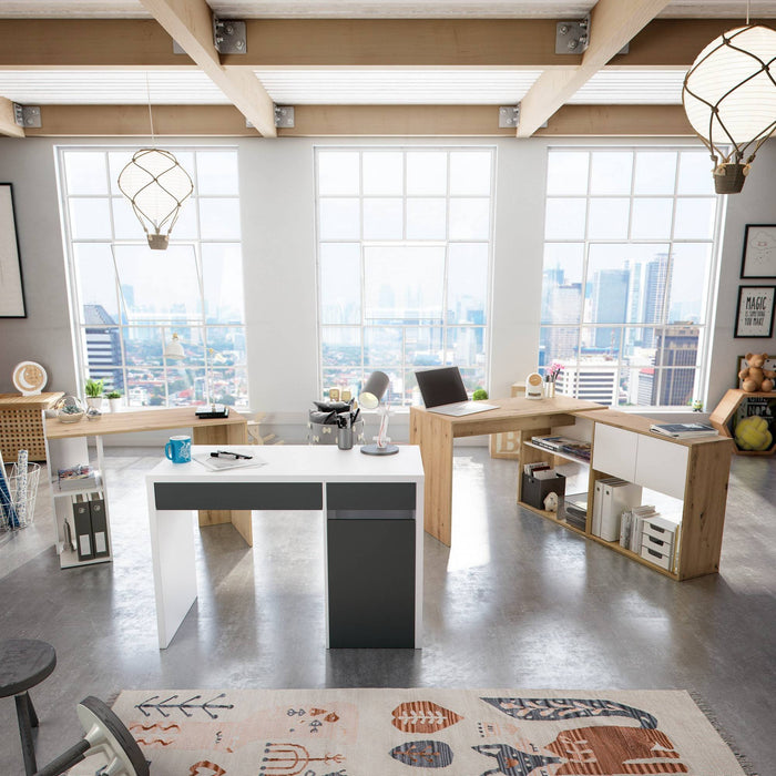 Scrivania Ablibla, Scrittoio reversibile multiposizione, Tavolo da studio o ufficio porta PC con scaffale e ripiani, cm 99x50h77, Bianco e Rovere nodi