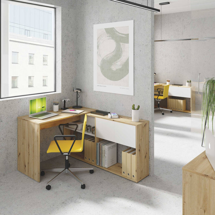 Scrivania Apogee, Scrittoio reversibile ad angolo con libreria, Tavolo da studio o ufficio multiposizione, cm 108x70h140, Bianco e Rovere nodi