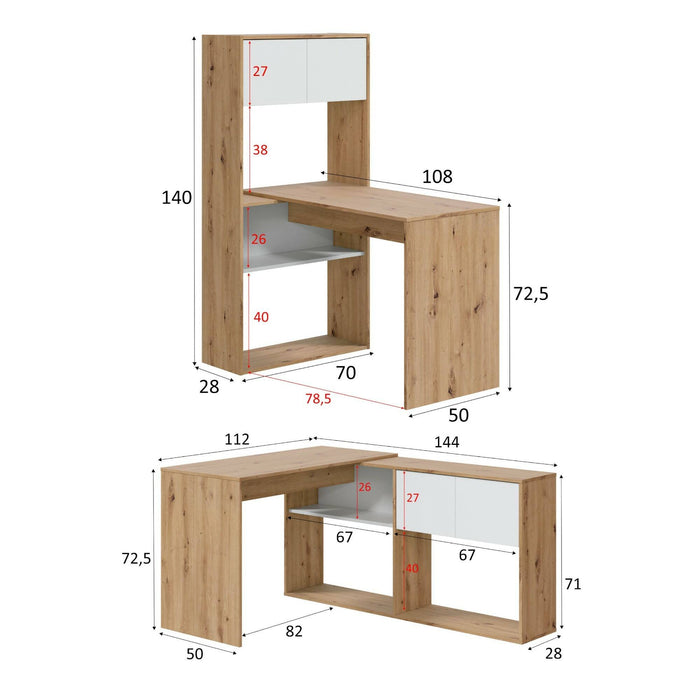 Scrivania Apogee, Scrittoio reversibile ad angolo con libreria, Tavolo da studio o ufficio multiposizione, cm 108x70h140, Bianco e Rovere nodi