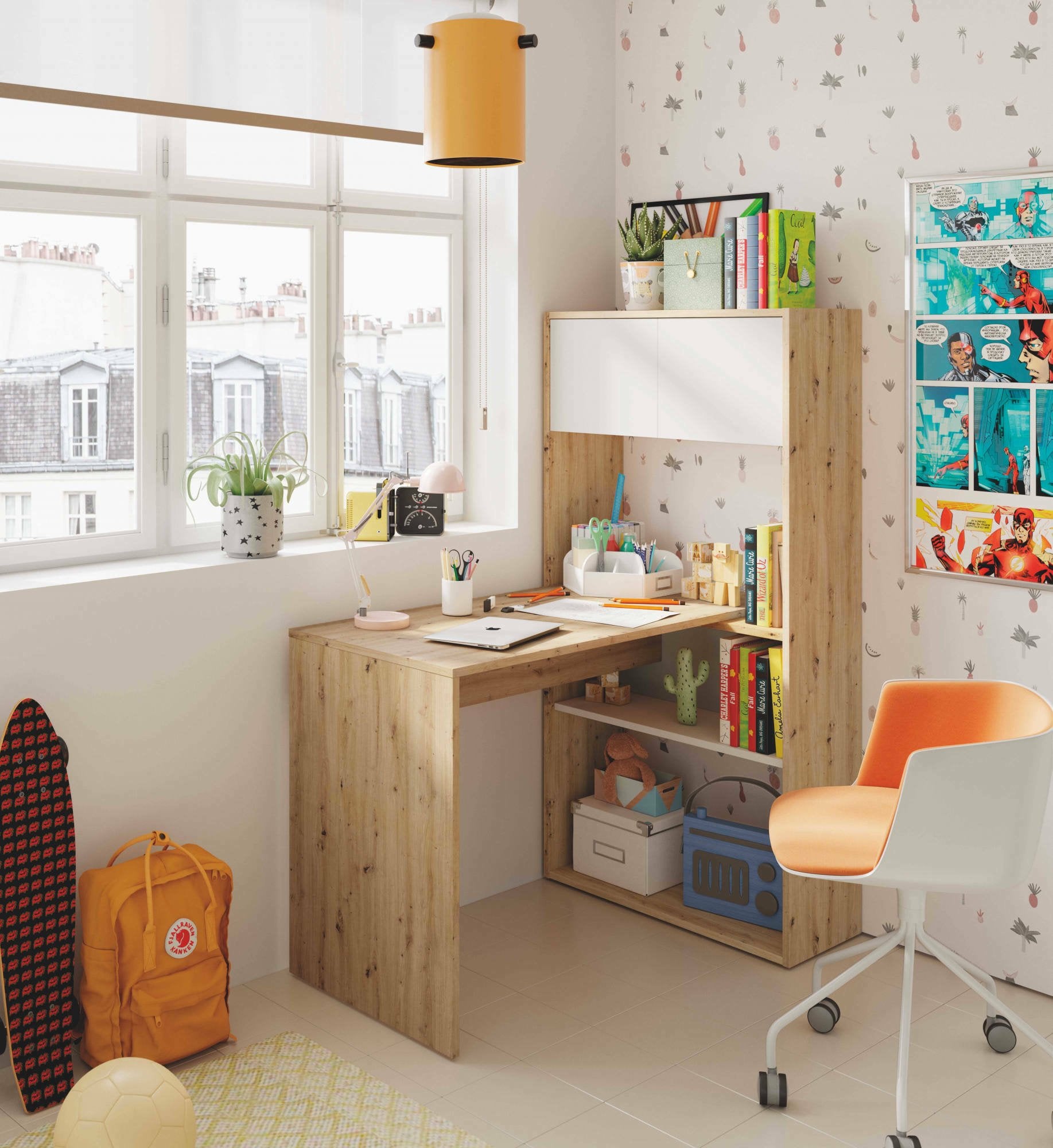 Scrivania Apogee, Scrittoio reversibile ad angolo con libreria, Tavolo da studio o ufficio multiposizione, cm 108x70h140, Bianco e Rovere nodi