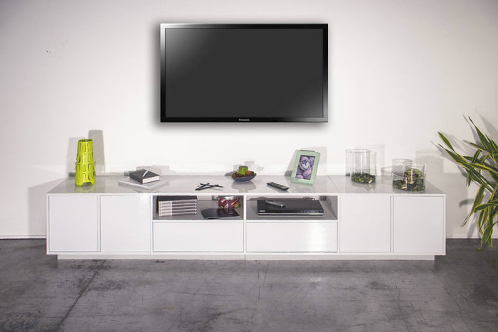 Mobile porta TV Albak, Credenza bassa da soggiorno, Base porta TV, 100% Made in Italy, cm 260x41h46, Bianco lucido