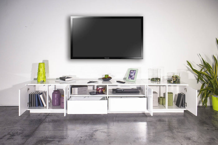 Mobile porta TV Albak, Credenza bassa da soggiorno, Base porta TV, 100% Made in Italy, cm 260x41h46, Bianco lucido