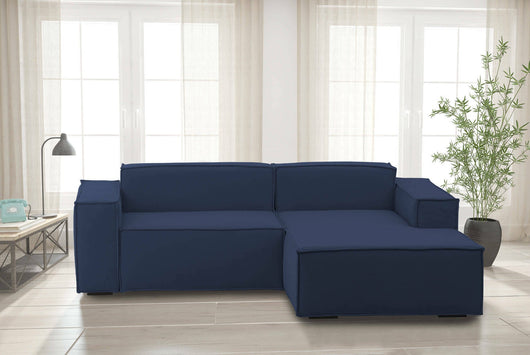 Divano fisso Ameli, Divano componibile a 2 posti large con penisola destra, Made in Italy, SofÒ  moderno in tessuto, Cm 240x170h70, Blu
