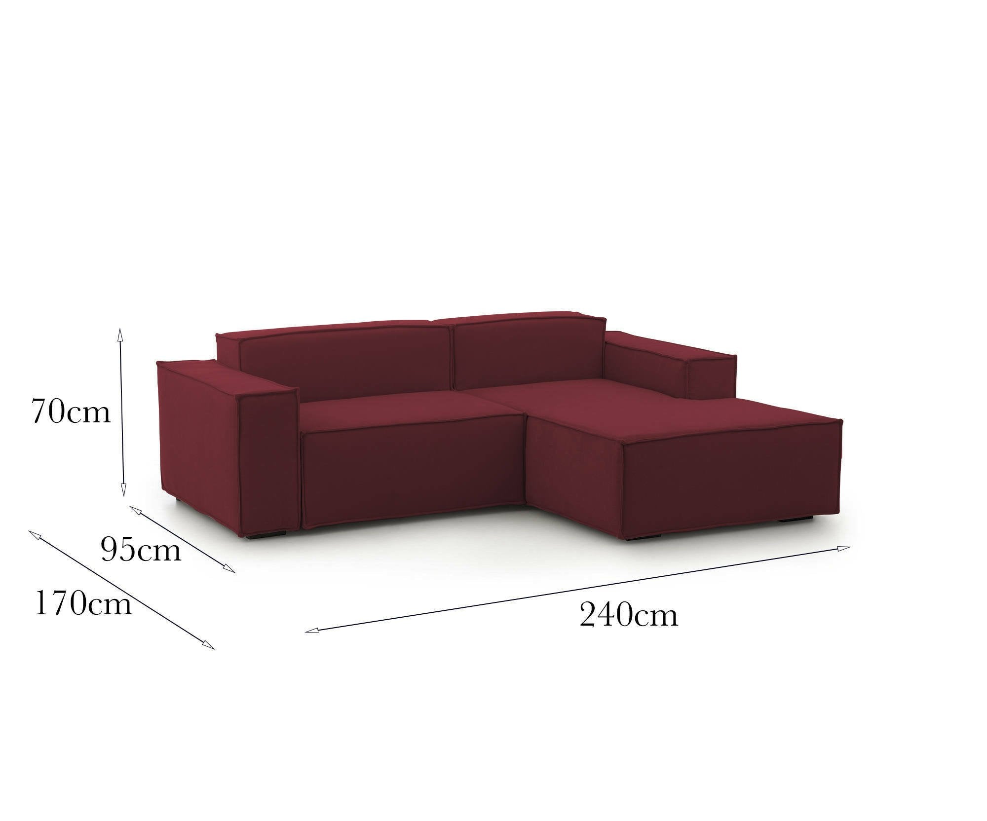 Divano fisso Ameli, Divano componibile a 2 posti large con penisola destra, Made in Italy, SofÒ  moderno in tessuto, Cm 240x170h70, Rosso