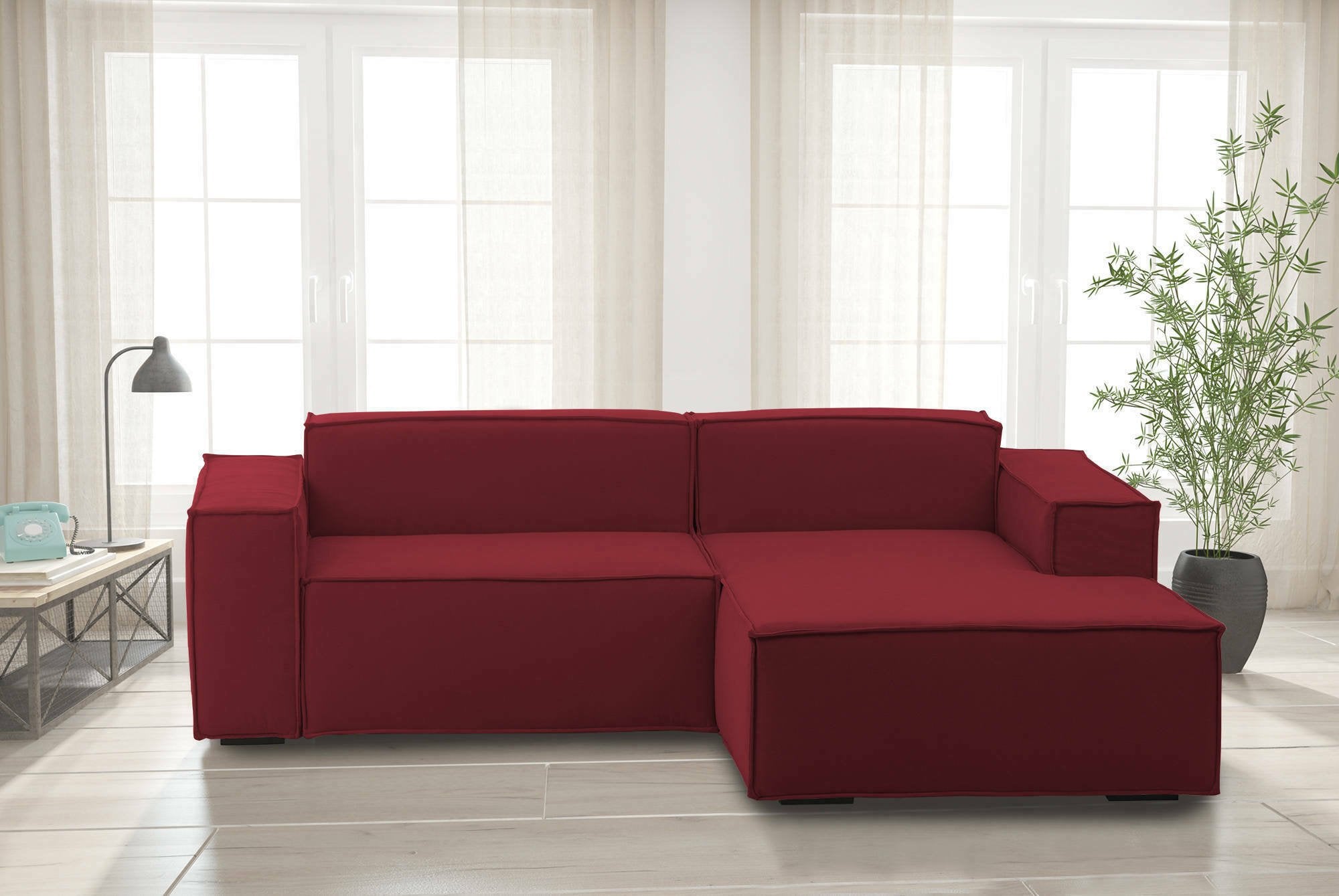 Divano fisso Ameli, Divano componibile a 2 posti large con penisola destra, Made in Italy, SofÒ  moderno in tessuto, Cm 240x170h70, Rosso