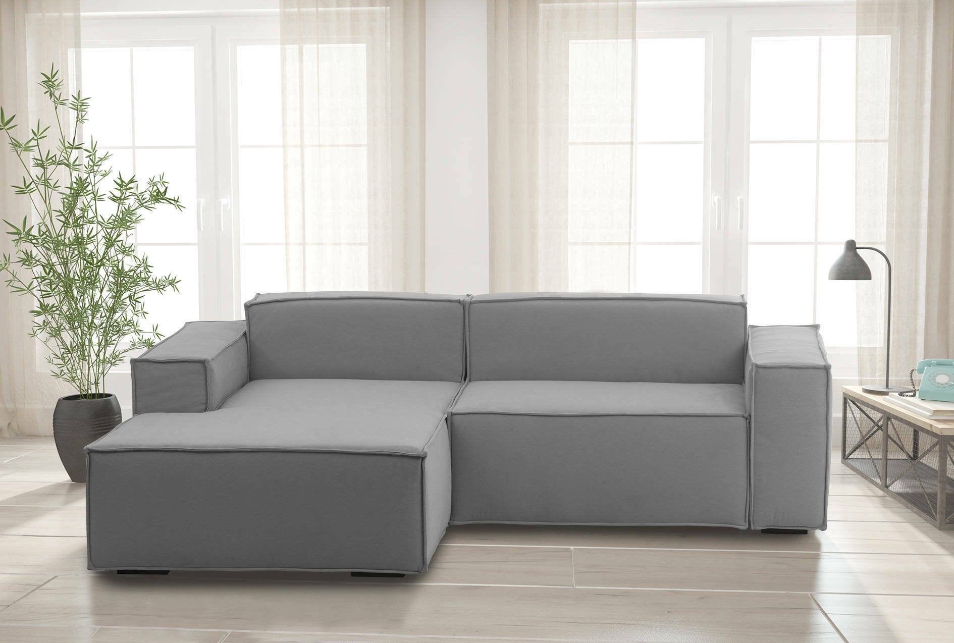 Divano fisso Assurte, Divano componibile a 2 posti large con penisola sinistra, Made in Italy, SofÒ  moderno in tessuto, Cm 240x170h70, Grigio