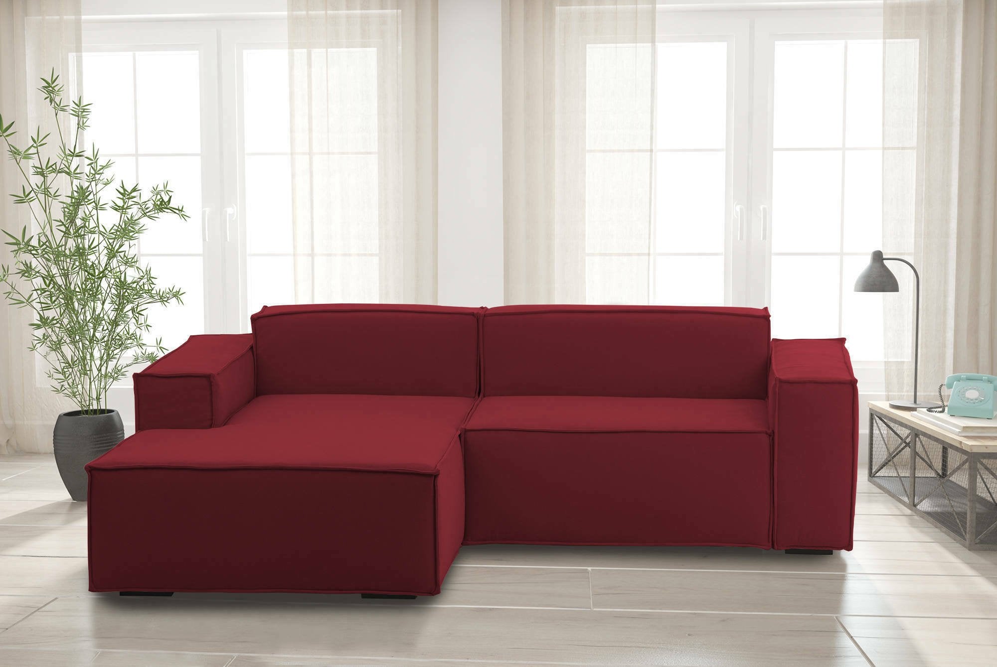Divano fisso Assurte, Divano componibile a 2 posti large con penisola sinistra, Made in Italy, SofÒ  moderno in tessuto, Cm 240x170h70, Rosso