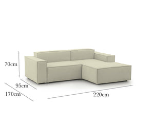 Divano fisso Amuleto, Divano componibile a 2 posti con penisola destra, Made in Italy, SofÒ  moderno in tessuto, Cm 220x170h70, Beige