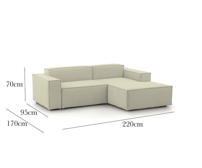 Divano fisso Amuleto, Divano componibile a 2 posti con penisola destra, Made in Italy, SofÒ  moderno in tessuto, Cm 220x170h70, Beige