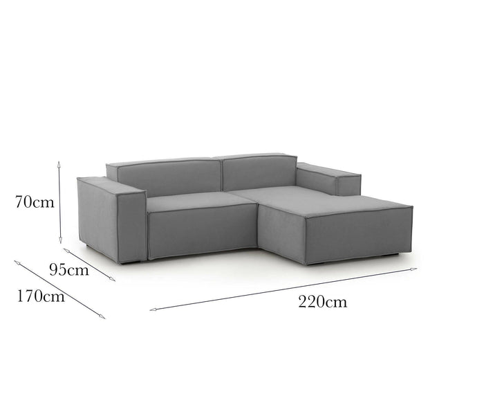 Divano fisso Amuleto, Divano componibile a 2 posti con penisola destra, Made in Italy, SofÒ  moderno in tessuto, Cm 220x170h70, Grigio
