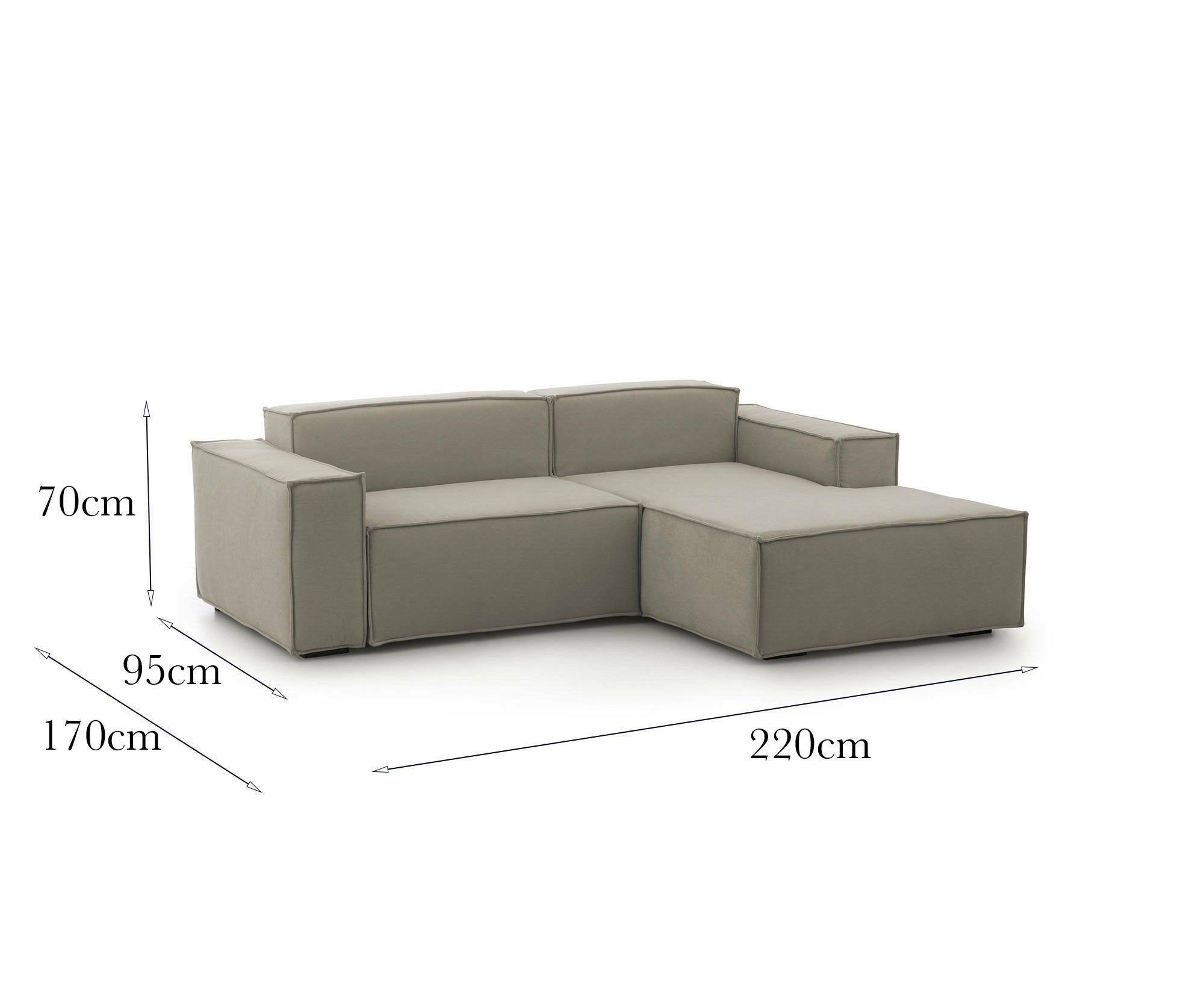 Divano fisso Amuleto, Divano componibile a 2 posti con penisola destra, Made in Italy, SofÒ  moderno in tessuto, Cm 220x170h70, Tortora