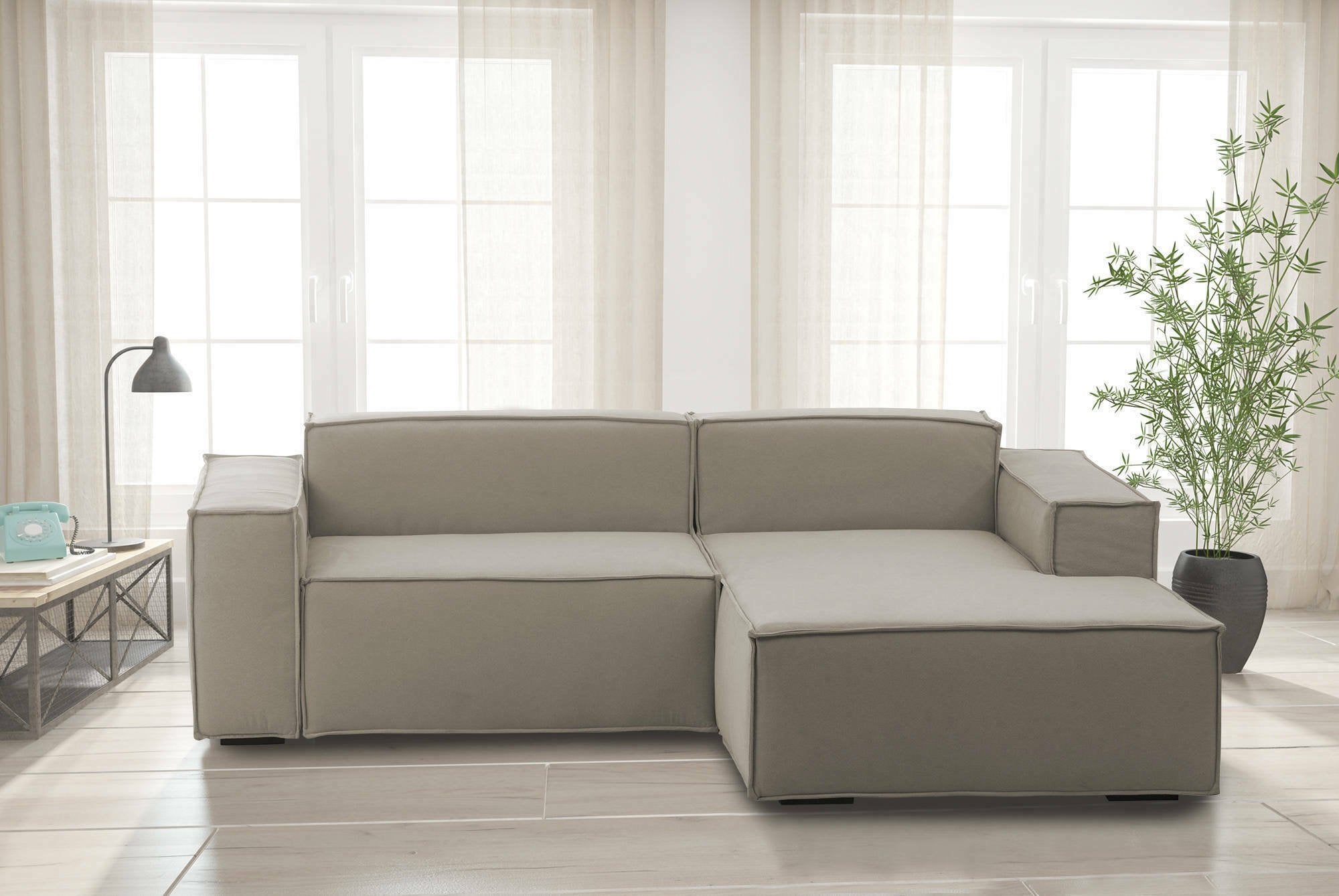 Divano fisso Amuleto, Divano componibile a 2 posti con penisola destra, Made in Italy, SofÒ  moderno in tessuto, Cm 220x170h70, Tortora