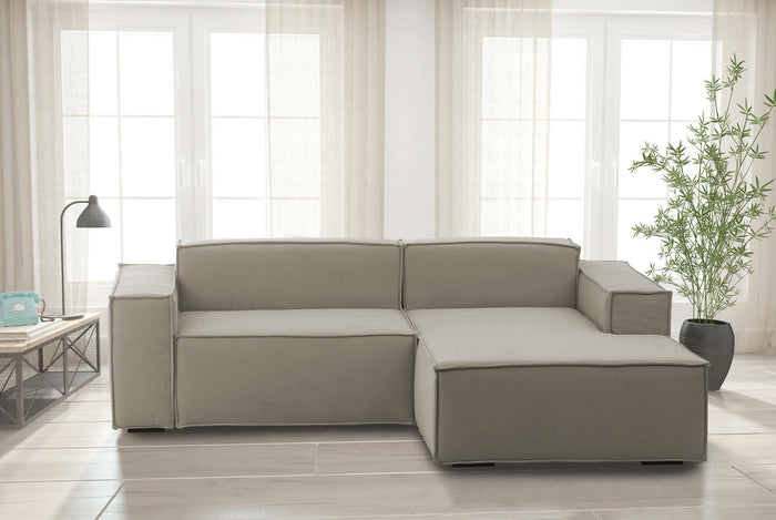 Divano fisso Amuleto, Divano componibile a 2 posti con penisola destra, Made in Italy, SofÒ  moderno in tessuto, Cm 220x170h70, Tortora