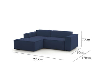 Divano fisso Alhoa, Divano componibile a 2 posti con penisola sinistra, Made in Italy, SofÒ  moderno in tessuto, Cm 220x170h70, Blu