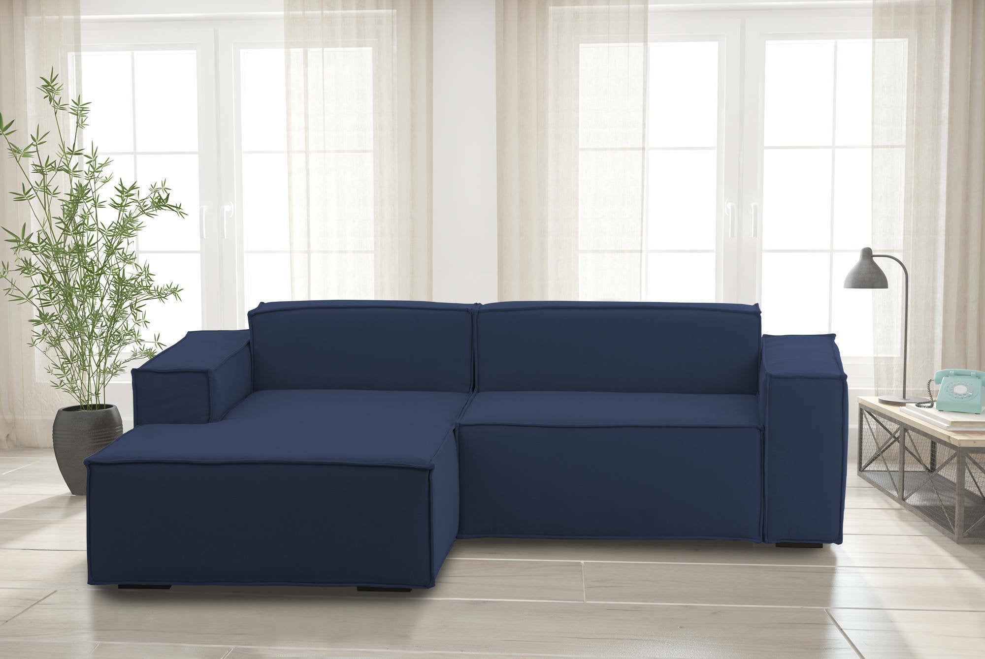 Divano fisso Alhoa, Divano componibile a 2 posti con penisola sinistra, Made in Italy, SofÒ  moderno in tessuto, Cm 220x170h70, Blu