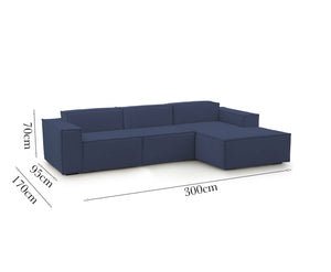 Divano fisso Ananas, Divano componibile a 3 posti con penisola destra, Made in Italy, SofÒ  moderno in tessuto, Cm 300x170h70, Blu